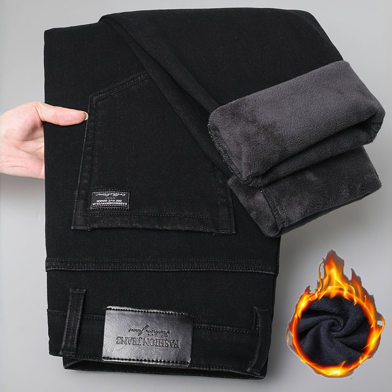 Men's Winter Straight Leg Jeans - Slim-Fit Stretch Denim Pants with Dark Wash ( Washable), Machine Washable Cold-Weather Casual Wear, Elastic Fit for Daily Use & Smart-Casual Outfits