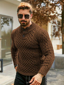 Men's Thermal Stand Collar Cable Knit Sweater - Striped H-Shape Regular Fit Pullover, Machine Washable Winter Sweater with Ribbed Detailing for Autumn & Winter, Knit Sweater, Medium Elasticity Fabric