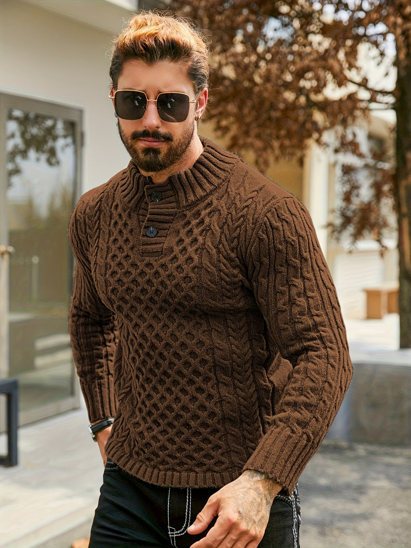 Men's Thermal Stand Collar Cable Knit Sweater - Striped H-Shape Regular Fit Pullover, Machine Washable Winter Sweater with Ribbed Detailing for Autumn & Winter, Knit Sweater, Medium Elasticity Fabric