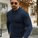 Men's Thermal Stand Collar Cable Knit Sweater - Striped H-Shape Regular Fit Pullover, Machine Washable Winter Sweater with Ribbed Detailing for Autumn & Winter, Knit Sweater, Medium Elasticity Fabric