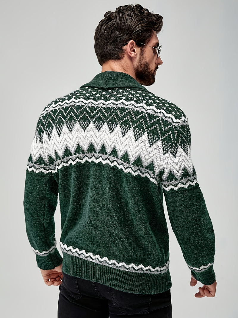 Men's Casual Geometric Pattern Cardigan Sweater - Navy Blue with White and Black Accents, Button-Up Collar, Machine Washable, Polyester for Fall/Winter