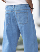 Men'S Casual Wide-Leg Jeans with Diagonal Pockets, Light Wash, Medium Stretch Straight-Leg Design, Regular Length for Casual Attire