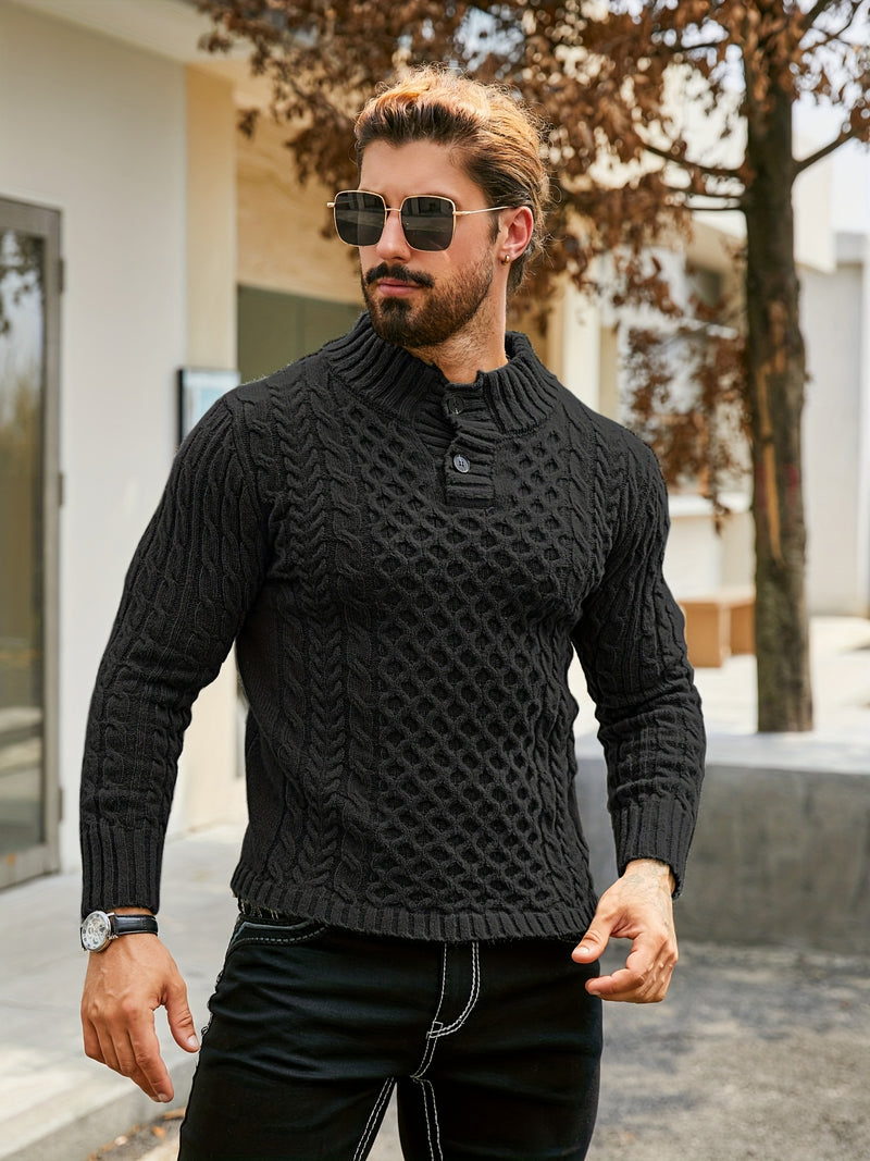 Men's Thermal Stand Collar Cable Knit Sweater - Striped H-Shape Regular Fit Pullover, Machine Washable Winter Sweater with Ribbed Detailing for Autumn & Winter, Knit Sweater, Medium Elasticity Fabric