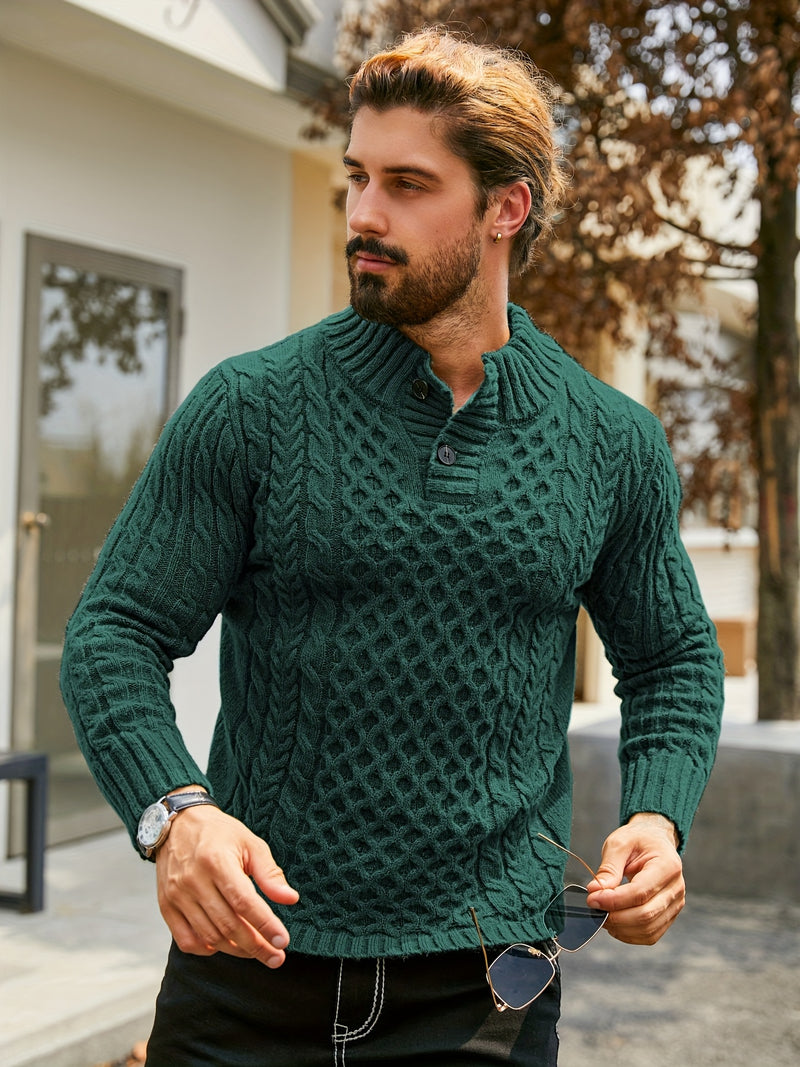 Men's Thermal Stand Collar Cable Knit Sweater - Striped H-Shape Regular Fit Pullover, Machine Washable Winter Sweater with Ribbed Detailing for Autumn & Winter, Knit Sweater, Medium Elasticity Fabric