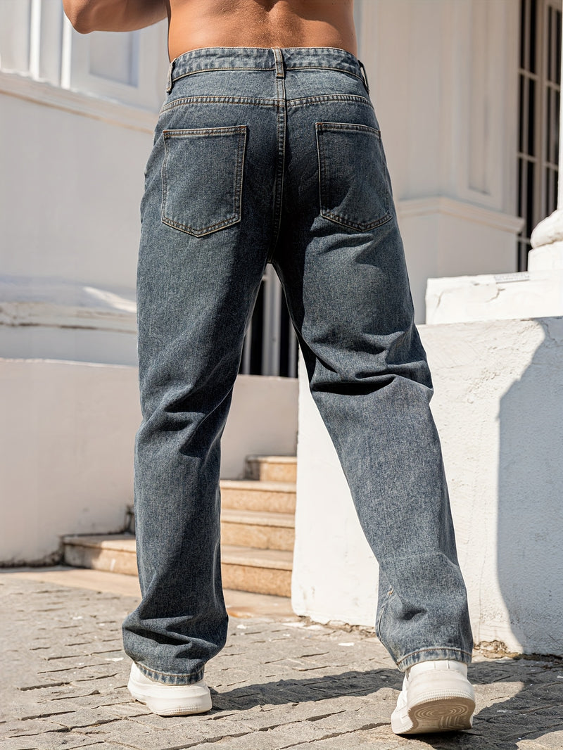 Men'S Dark Distressed Washed Straight-Leg Faux Denim - Non-Stretch Casual Regular Fit All-Season Comfort, Classic Five-Pocket Design with Belt Loops & Button