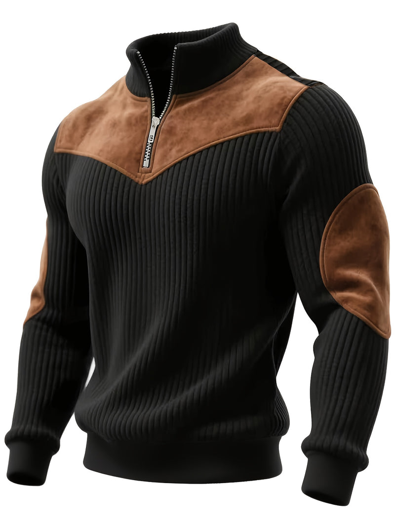 Christmas Men's Gift Men's Stand Collar Pullover Autumn Winter Warm Half-Zip Solid Color Patchwork Ribbed Retro Street Pullover Sweatshirt