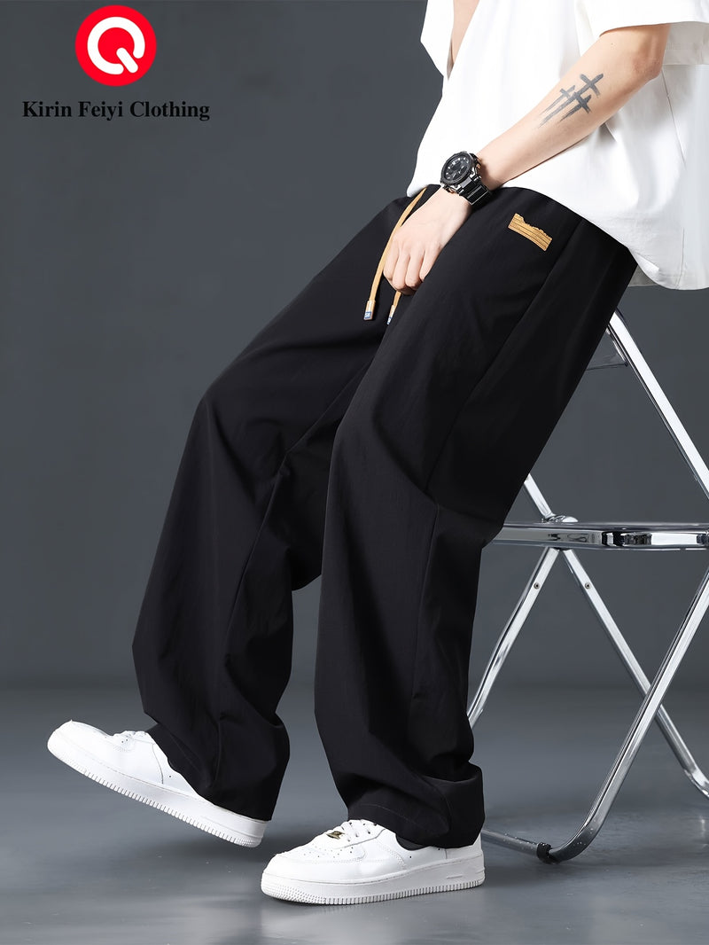 Men's Straight-Leg Casual Trousers - Dark Grey/Black Solid Color Elastic Waist with Drawstring, Belt-Free Design, All-Season Versatile Dress Pants for Office, Semi-Formal & Casual Attire - Mid-Rise Straight Fit (No Belt Inclu
