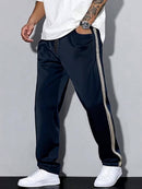 Men'S Casual Striped Straight-Leg Joggers - Loose Fit, Lightweight Polyester, Black & White Vertical Stripes, Pockets, Perfect for Casual Attire, Relaxed Fit Pants | Modern Striped Pants | Lightweight Fabric