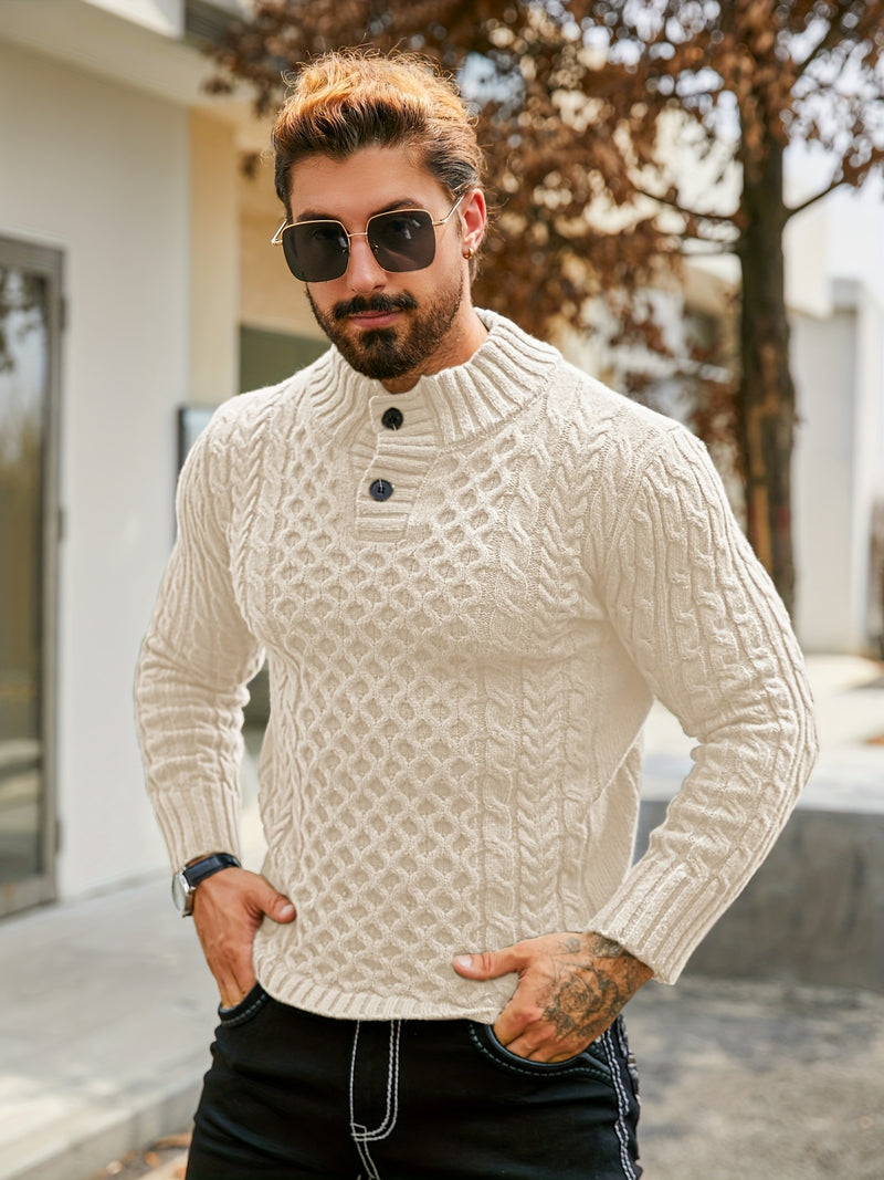 Men's Thermal Stand Collar Cable Knit Sweater - Striped H-Shape Regular Fit Pullover, Machine Washable Winter Sweater with Ribbed Detailing for Autumn & Winter, Knit Sweater, Medium Elasticity Fabric
