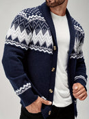 Men's Casual Geometric Pattern Cardigan Sweater - Navy Blue with White and Black Accents, Button-Up Collar, Machine Washable, Polyester for Fall/Winter