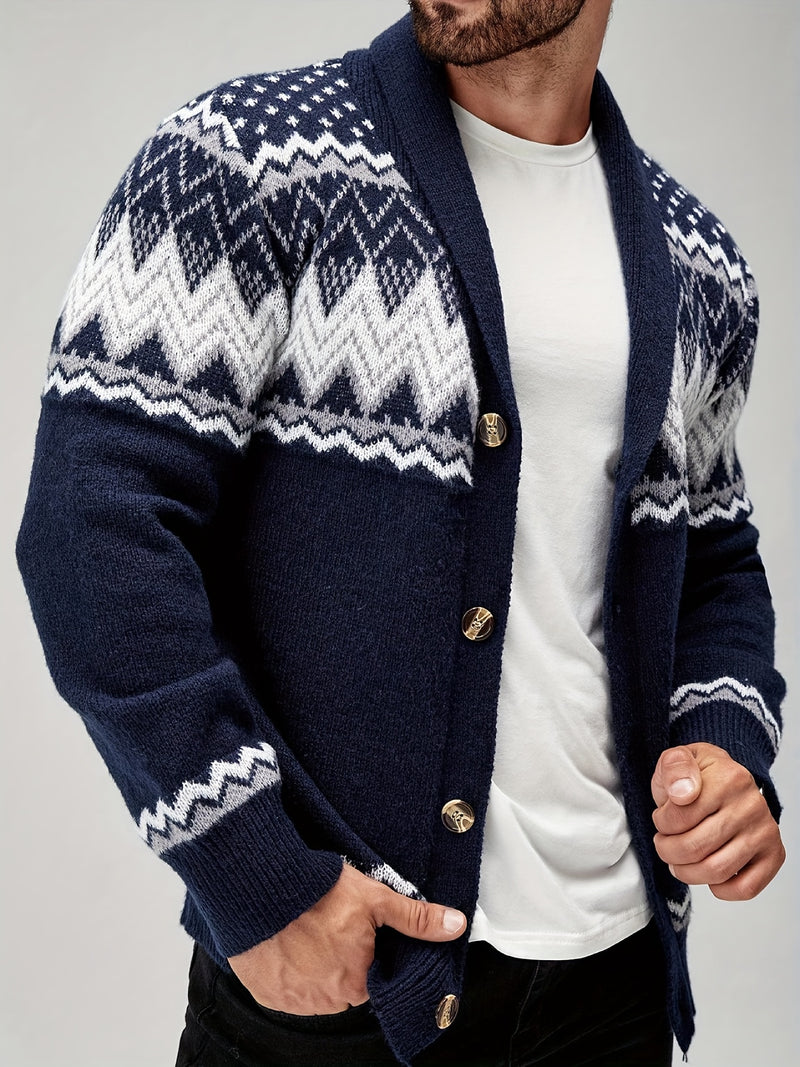 Men's Casual Geometric Pattern Cardigan Sweater - Navy Blue with White and Black Accents, Button-Up Collar, Machine Washable, Polyester for Fall/Winter
