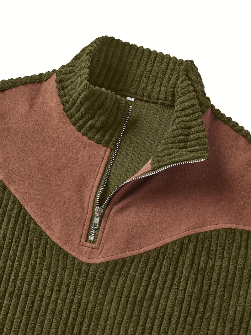 Christmas Men's Gift Men's Stand Collar Pullover Autumn Winter Warm Half-Zip Solid Color Patchwork Ribbed Retro Street Pullover Sweatshirt