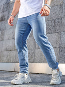 Men'S Dark Distressed Washed Straight-Leg Faux Denim - Non-Stretch Casual Regular Fit All-Season Comfort, Classic Five-Pocket Design with Belt Loops & Button