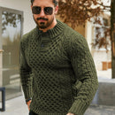Men's Thermal Stand Collar Cable Knit Sweater - Striped H-Shape Regular Fit Pullover, Machine Washable Winter Sweater with Ribbed Detailing for Autumn & Winter, Knit Sweater, Medium Elasticity Fabric