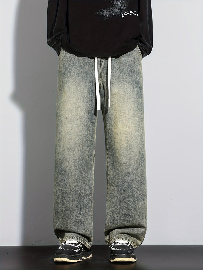 Men's Heavy-Washed Non-Stretch Jeans - Loose Fit Straight-Leg Non-Restrictive Pants, Machine Washable Everyday Jeans for Teens & Adults (Casual Outfits, Parties, All-Season Wear) - YG1133, Party Casual Wear, Distressed Denim