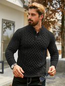 Men's Thermal Stand Collar Cable Knit Sweater - Striped H-Shape Regular Fit Pullover, Machine Washable Winter Sweater with Ribbed Detailing for Autumn & Winter, Knit Sweater, Medium Elasticity Fabric