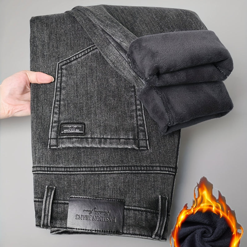 Men's Winter Straight Leg Jeans - Slim-Fit Stretch Denim Pants with Dark Wash ( Washable), Machine Washable Cold-Weather Casual Wear, Elastic Fit for Daily Use & Smart-Casual Outfits