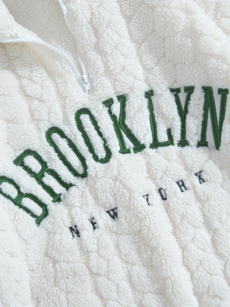 1pc Solid Color Plush Stand Collar Zipper Sweater - Soft Warm Breathable Loose Fit Long Sleeve Casual Sweatshirt with Embroidery, Hand Washable for Casual Attire & Layering, Cozy Winter Outfits