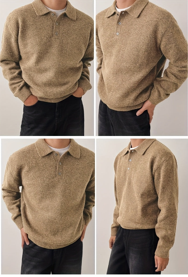 LVLAEA Men's Winter Collar Sweater Jacket - Thick Warm Brown/Beige Single-Breasted Button-Front Coat, H-Shape Tailored Fit for Layering, Casual & Formal Wear, Autumn/Winter (Hand Wash/Dry Clean) - Luxury Knit Outerwear