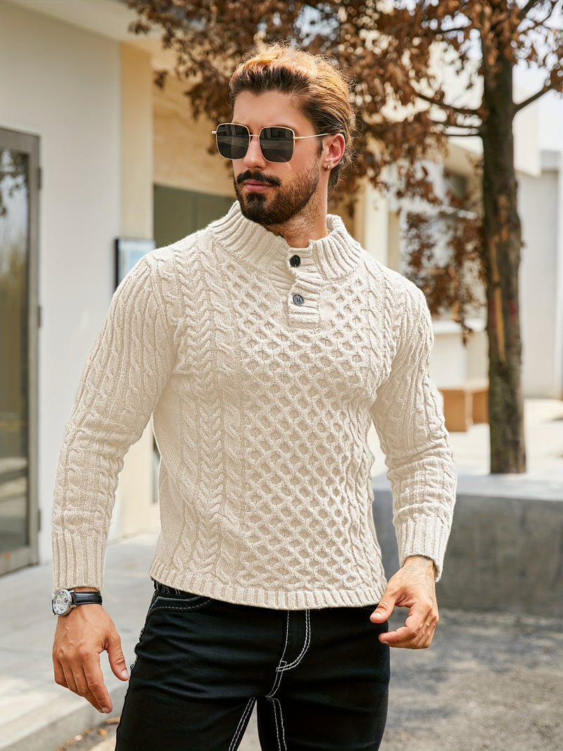 Men's Thermal Stand Collar Cable Knit Sweater - Striped H-Shape Regular Fit Pullover, Machine Washable Winter Sweater with Ribbed Detailing for Autumn & Winter, Knit Sweater, Medium Elasticity Fabric