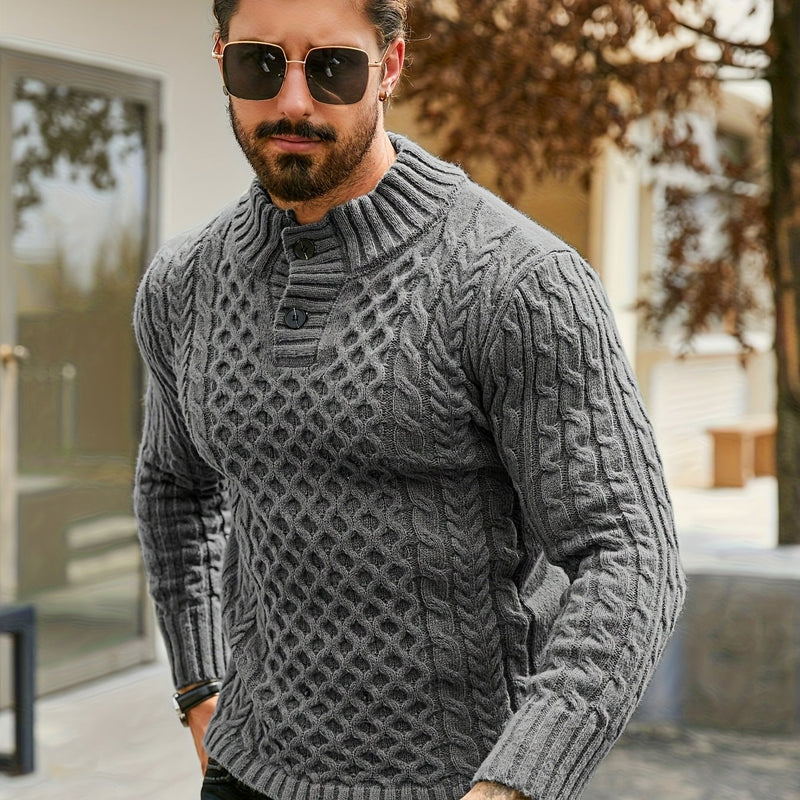 Men's Thermal Stand Collar Cable Knit Sweater - Striped H-Shape Regular Fit Pullover, Machine Washable Winter Sweater with Ribbed Detailing for Autumn & Winter, Knit Sweater, Medium Elasticity Fabric