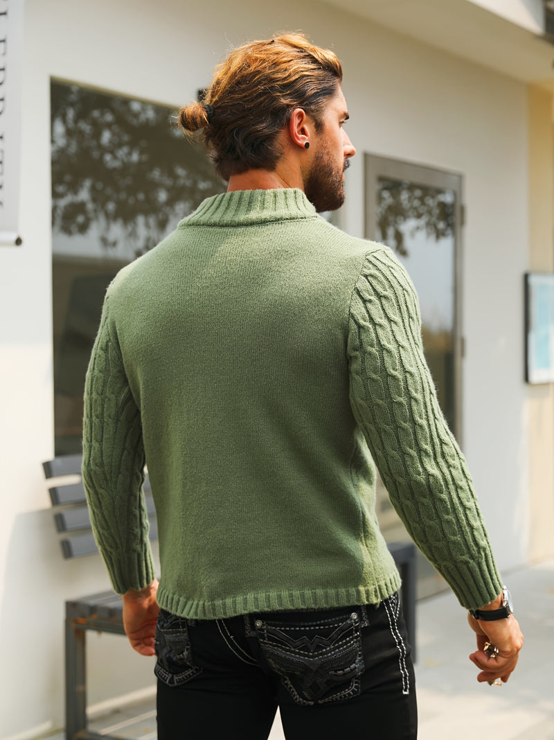 Men's Thermal Stand Collar Cable Knit Sweater - Striped H-Shape Regular Fit Pullover, Machine Washable Winter Sweater with Ribbed Detailing for Autumn & Winter, Knit Sweater, Medium Elasticity Fabric