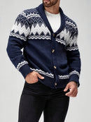 Men's Casual Geometric Pattern Cardigan Sweater - Navy Blue with White and Black Accents, Button-Up Collar, Machine Washable, Polyester for Fall/Winter