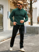 Men's Thermal Stand Collar Cable Knit Sweater - Striped H-Shape Regular Fit Pullover, Machine Washable Winter Sweater with Ribbed Detailing for Autumn & Winter, Knit Sweater, Medium Elasticity Fabric