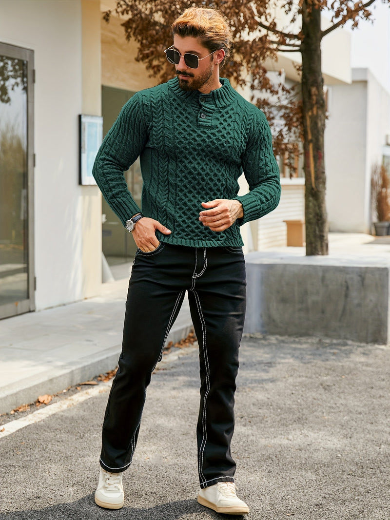 Men's Thermal Stand Collar Cable Knit Sweater - Striped H-Shape Regular Fit Pullover, Machine Washable Winter Sweater with Ribbed Detailing for Autumn & Winter, Knit Sweater, Medium Elasticity Fabric