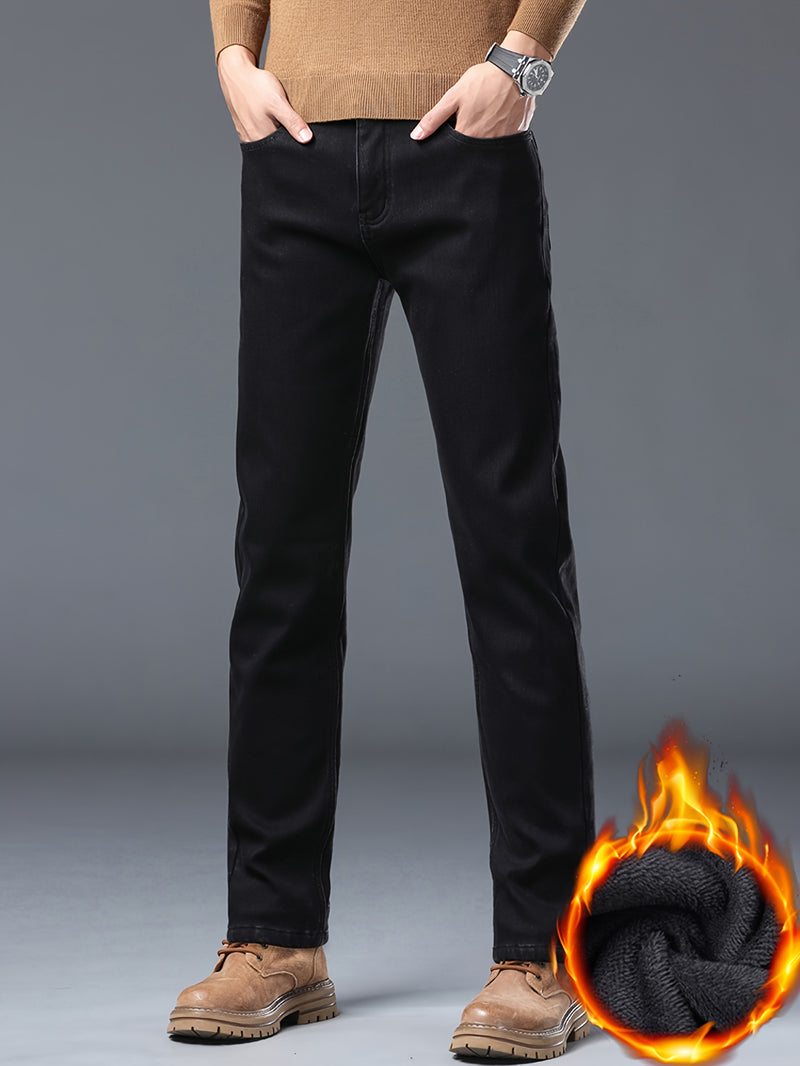 Men's Winter Straight Leg Jeans - Slim-Fit Stretch Denim Pants with Dark Wash ( Washable), Machine Washable Cold-Weather Casual Wear, Elastic Fit for Daily Use & Smart-Casual Outfits