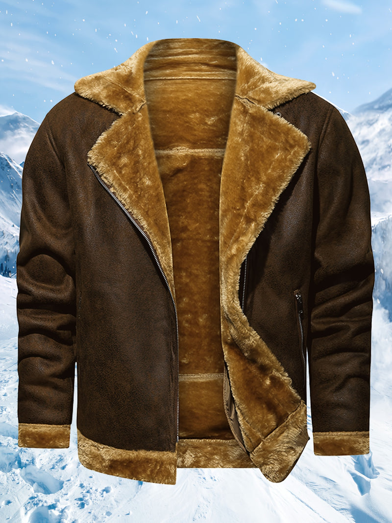 Men's Winter Jacket with Faux Fur & Turned-Up Collar - Thickened Coat, Collar & Pocket, Machine Washable Cold Weather Outerwear ( Fill) - Brown/ for Skiing, Snowboarding & Outdoor Activities