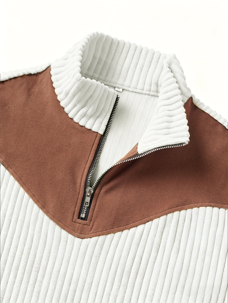 Christmas Men's Gift Men's Stand Collar Pullover Autumn Winter Warm Half-Zip Solid Color Patchwork Ribbed Retro Street Pullover Sweatshirt