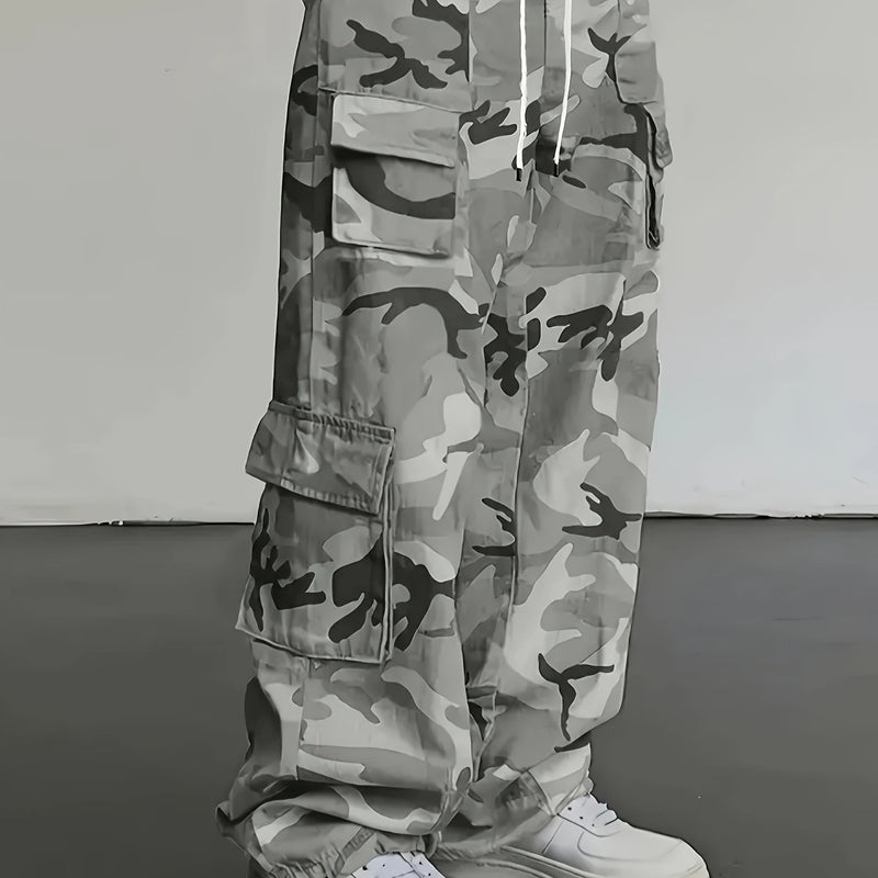 Men's Camouflage Cargo Pants Wide-Leg Trousers with Multi-Pocket Design, Adjustable Waist & Leg Fit, Beige/Green/Brown Camo Print for,, Hunting, (Non-Stretch Durable Casual Pants)