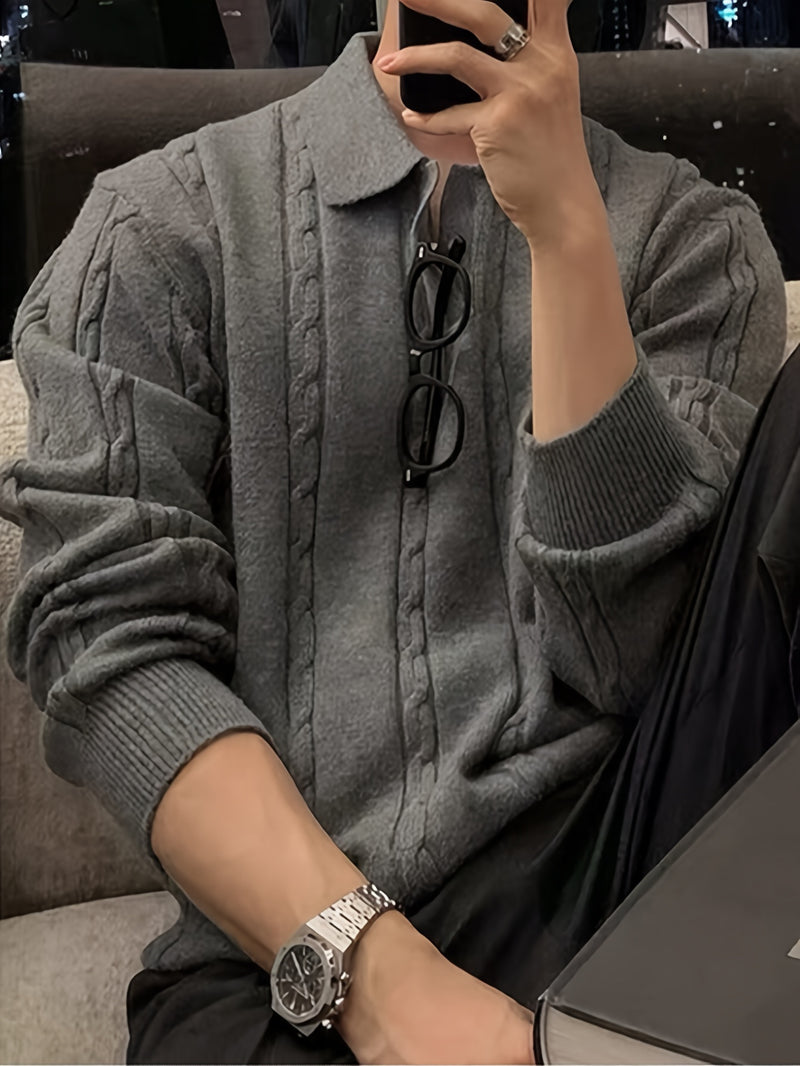 2024 New Men's Autumn Winter Casual Neck Sweater - Crocodile Pattern Knit Pullover, Mid-Stretch Fabric, Hand Washable, Regular Fit Long Sleeve for Office & Social Events