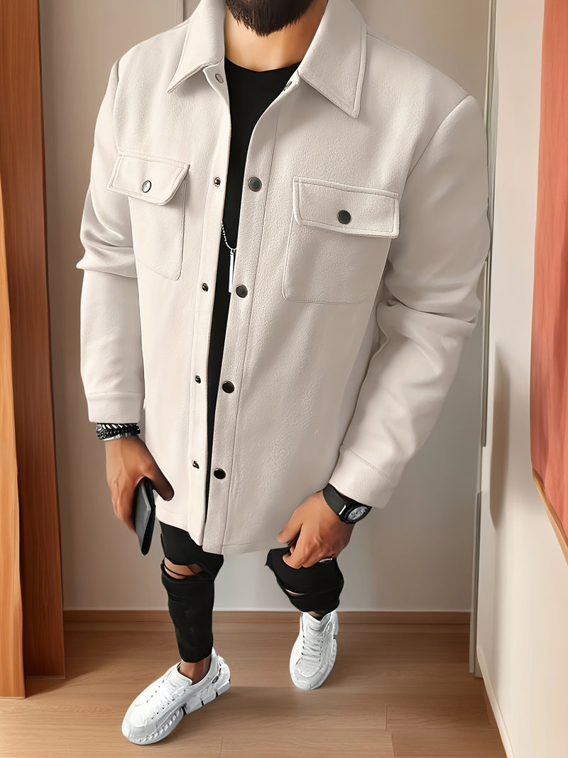 Men's Casual Button-Up Jacket - Long Sleeve, White, Polyester, Flap Pockets, Machine Washable, Spring/Fall Outerwear