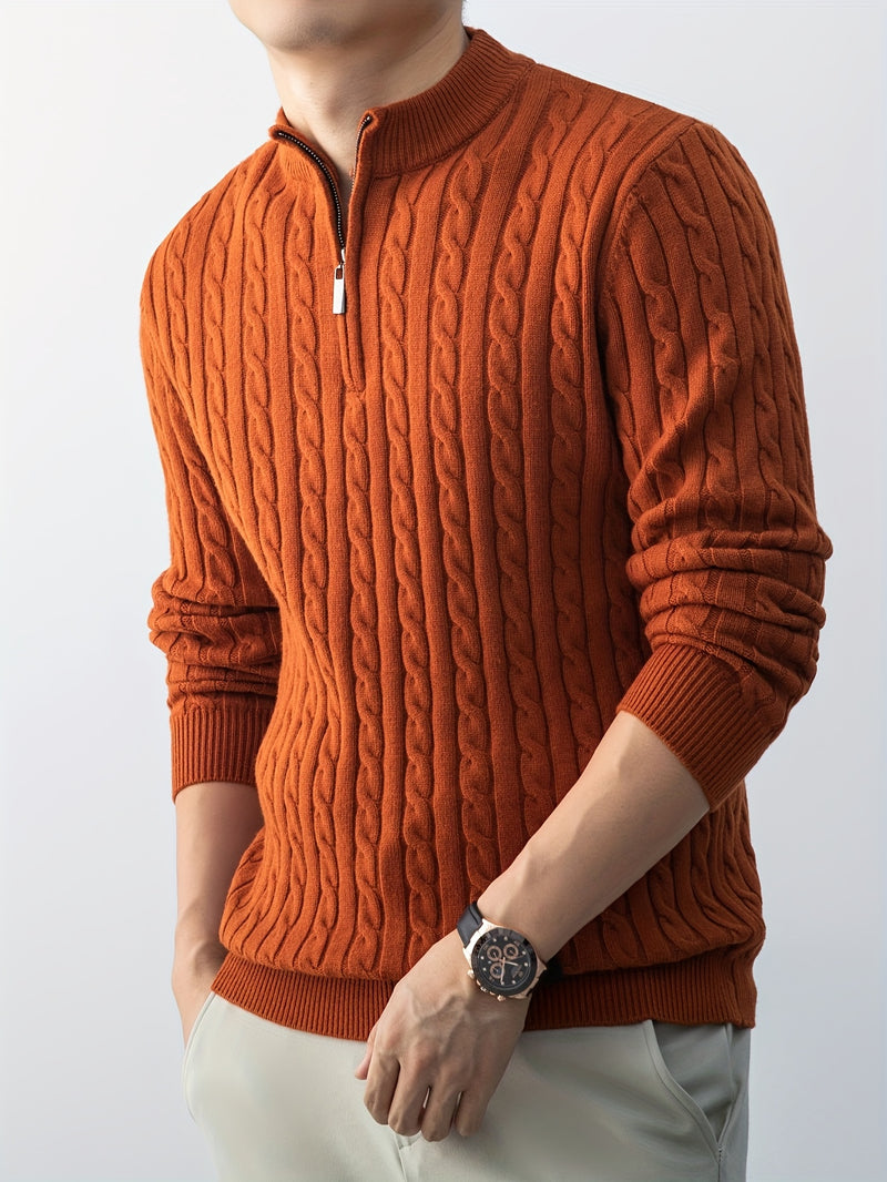 Men'S New Cable-Knit Pullover with a Zip Collar, Suitable for Autumn And Winter, Made with Thick Warm Velvet, Perfect for Layering Or Wearing Alone, a Must-Have for Casual Versatility, Sweater For Men, Men Winter Pullover, Me