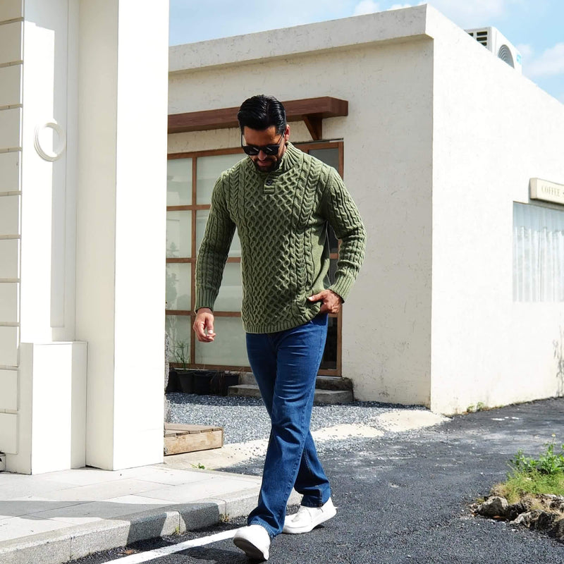 Men's Thermal Stand Collar Cable Knit Sweater - Striped H-Shape Regular Fit Pullover, Machine Washable Winter Sweater with Ribbed Detailing for Autumn & Winter, Knit Sweater, Medium Elasticity Fabric