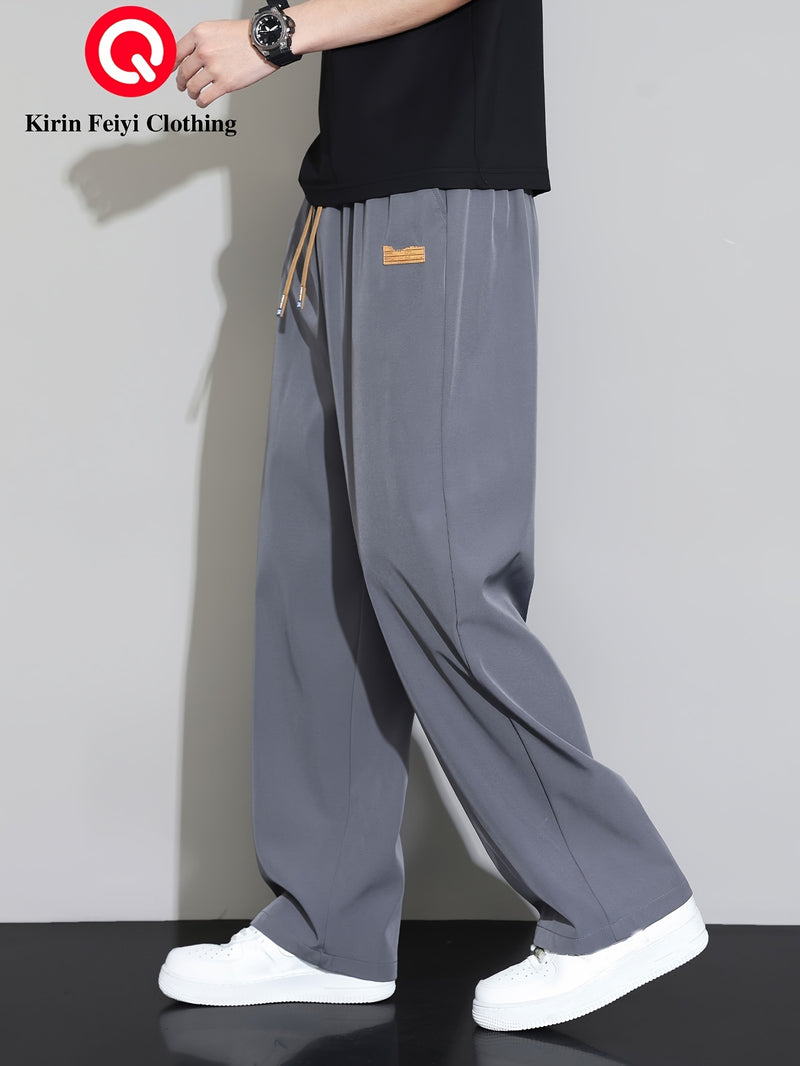 Men's Straight-Leg Casual Trousers - Dark Grey/Black Solid Color Elastic Waist with Drawstring, Belt-Free Design, All-Season Versatile Dress Pants for Office, Semi-Formal & Casual Attire - Mid-Rise Straight Fit (No Belt Inclu