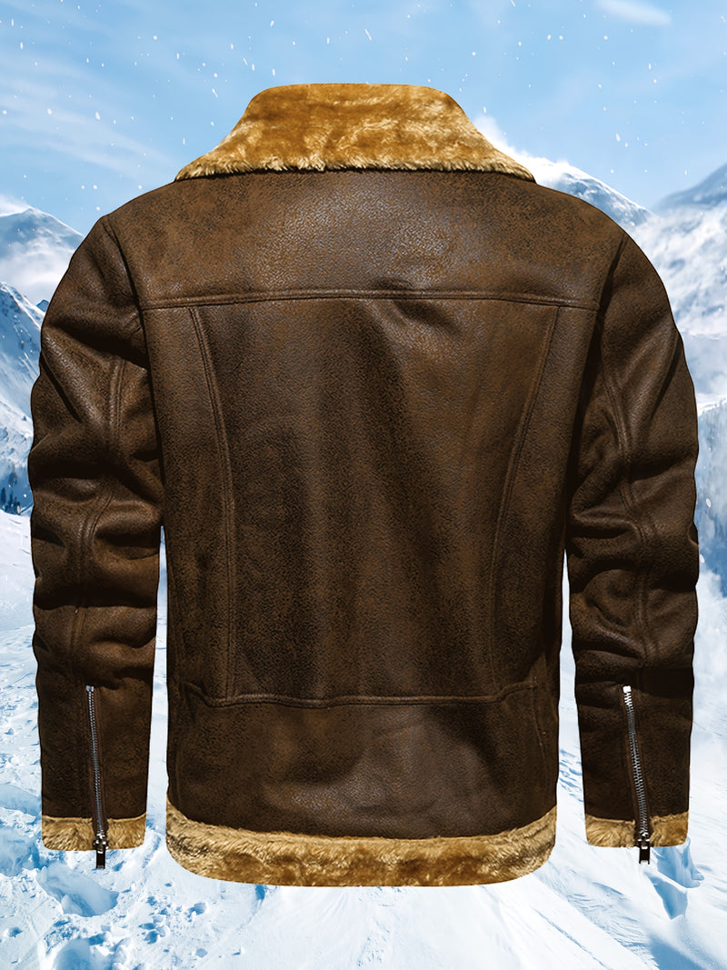 Men's Winter Jacket with Faux Fur & Turned-Up Collar - Thickened Coat, Collar & Pocket, Machine Washable Cold Weather Outerwear ( Fill) - Brown/ for Skiing, Snowboarding & Outdoor Activities