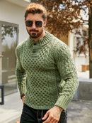 Men's Thermal Stand Collar Cable Knit Sweater - Striped H-Shape Regular Fit Pullover, Machine Washable Winter Sweater with Ribbed Detailing for Autumn & Winter, Knit Sweater, Medium Elasticity Fabric
