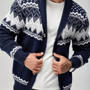 Men's Casual Geometric Pattern Cardigan Sweater - Navy Blue with White and Black Accents, Button-Up Collar, Machine Washable, Polyester for Fall/Winter