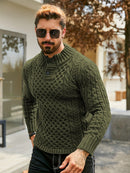 Men's Thermal Stand Collar Cable Knit Sweater - Striped H-Shape Regular Fit Pullover, Machine Washable Winter Sweater with Ribbed Detailing for Autumn & Winter, Knit Sweater, Medium Elasticity Fabric