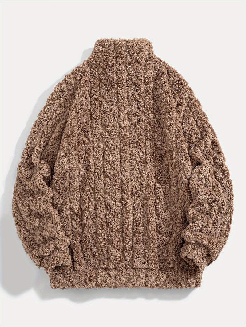 1pc Solid Color Plush Stand Collar Zipper Sweater - Soft Warm Breathable Loose Fit Long Sleeve Casual Sweatshirt with Embroidery, Hand Washable for Casual Attire & Layering, Cozy Winter Outfits