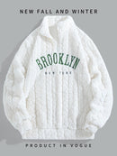 1pc Solid Color Plush Stand Collar Zipper Sweater - Soft Warm Breathable Loose Fit Long Sleeve Casual Sweatshirt with Embroidery, Hand Washable for Casual Attire & Layering, Cozy Winter Outfits