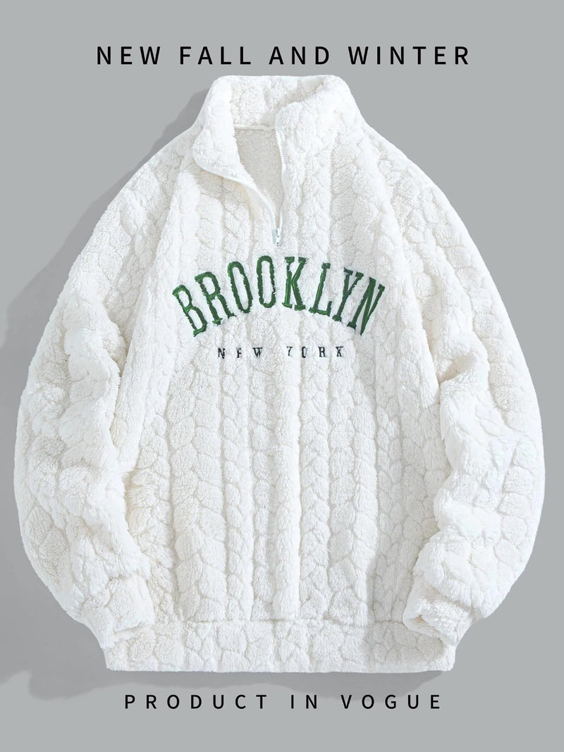 1pc Solid Color Plush Stand Collar Zipper Sweater - Soft Warm Breathable Loose Fit Long Sleeve Casual Sweatshirt with Embroidery, Hand Washable for Casual Attire & Layering, Cozy Winter Outfits