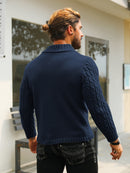 Men's Thermal Stand Collar Cable Knit Sweater - Striped H-Shape Regular Fit Pullover, Machine Washable Winter Sweater with Ribbed Detailing for Autumn & Winter, Knit Sweater, Medium Elasticity Fabric