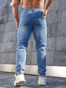 Men'S Dark Distressed Washed Straight-Leg Faux Denim - Non-Stretch Casual Regular Fit All-Season Comfort, Classic Five-Pocket Design with Belt Loops & Button
