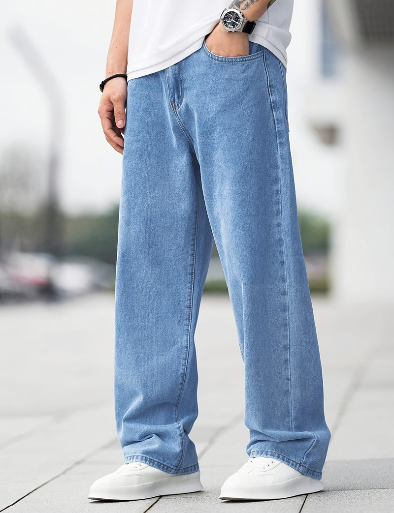 Men'S Casual Wide-Leg Jeans with Diagonal Pockets, Light Wash, Medium Stretch Straight-Leg Design, Regular Length for Casual Attire