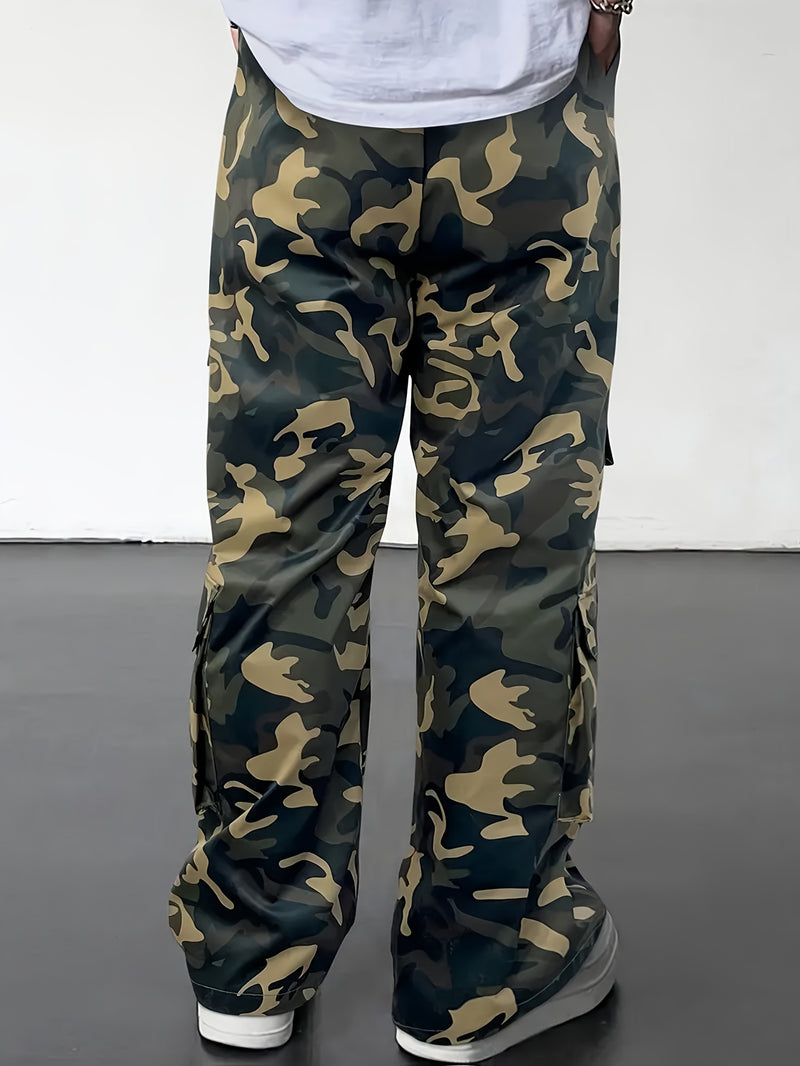 Men's Camouflage Cargo Pants Wide-Leg Trousers with Multi-Pocket Design, Adjustable Waist & Leg Fit, Beige/Green/Brown Camo Print for,, Hunting, (Non-Stretch Durable Casual Pants)