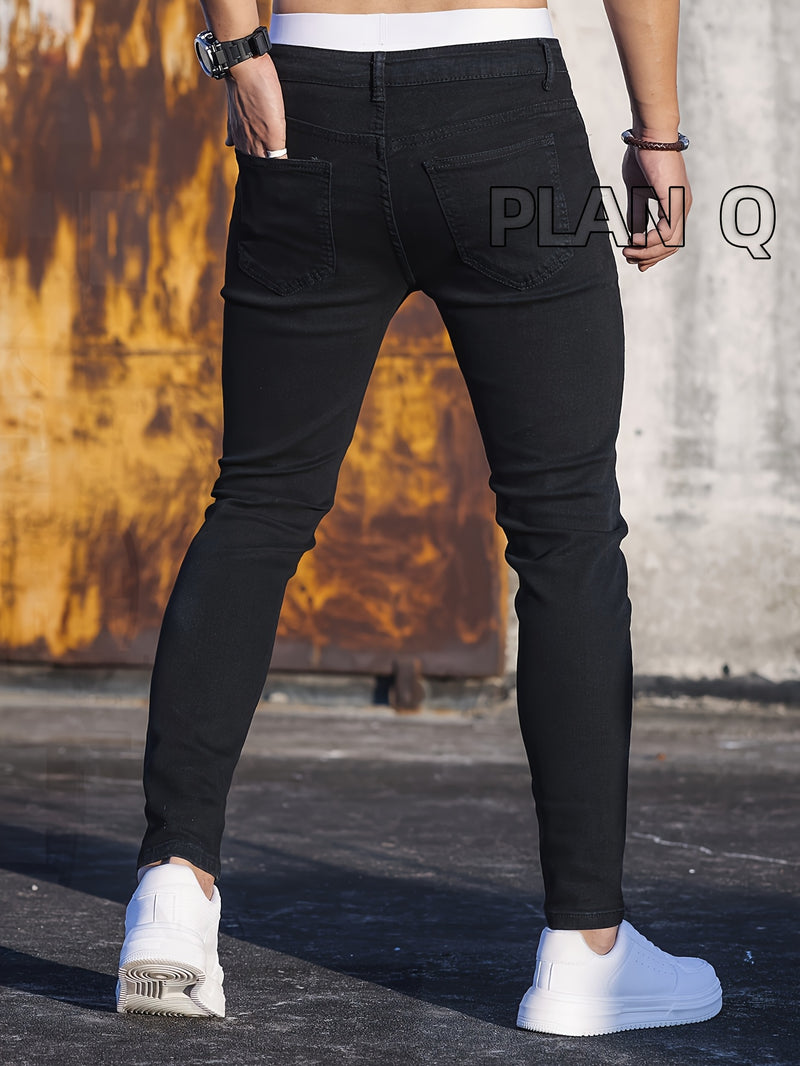 Men'S Black Casual Jeans, Stretchy Skinny Pants, Stylish Slim-Fit Tapered Trousers.